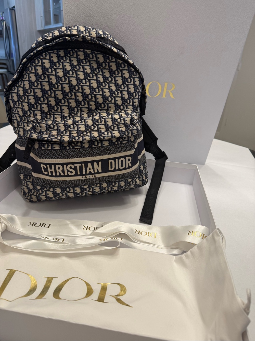 Christian Dior Travel Navy Oblique Logo Oblique Jacquard Authentic Backpack